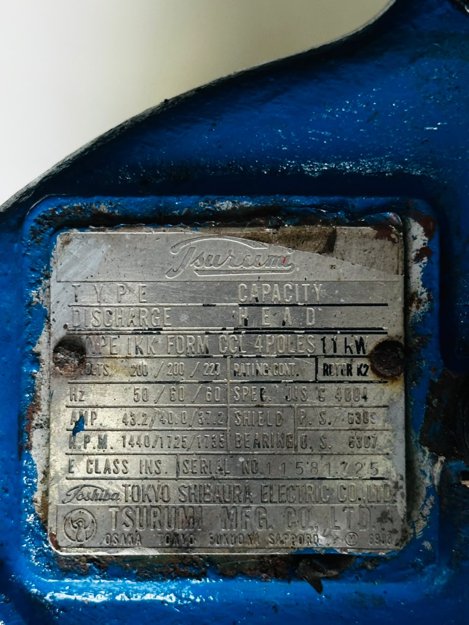 Tsurumi submersible pump nameplate – 11 kW, 4-pole Toshiba motor, imported Japan – Standard Machinery - View 8