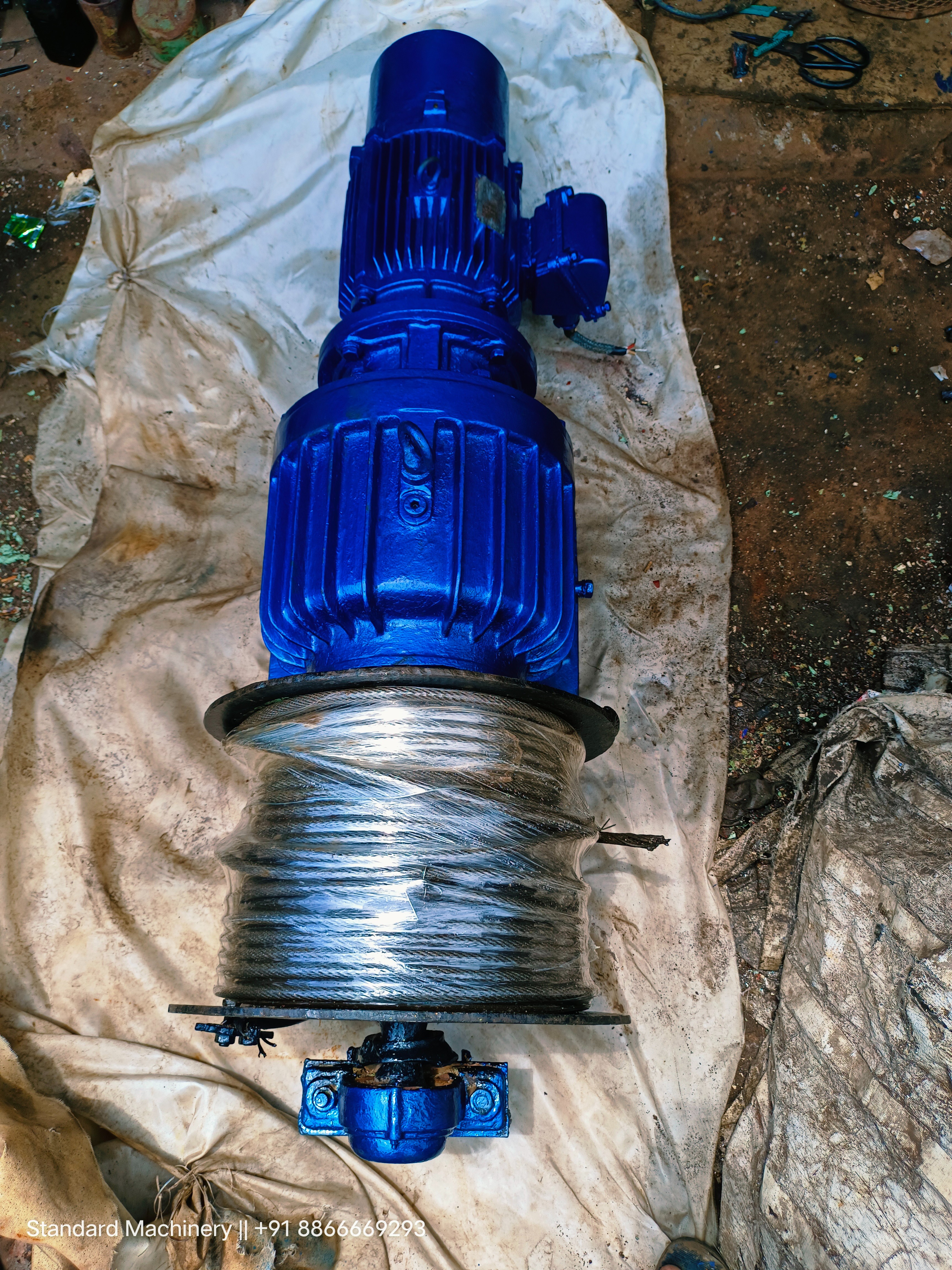 Electric wire rope winch 8.5 kW brake motor planetary gearbox drum with rope – Standard Machinery