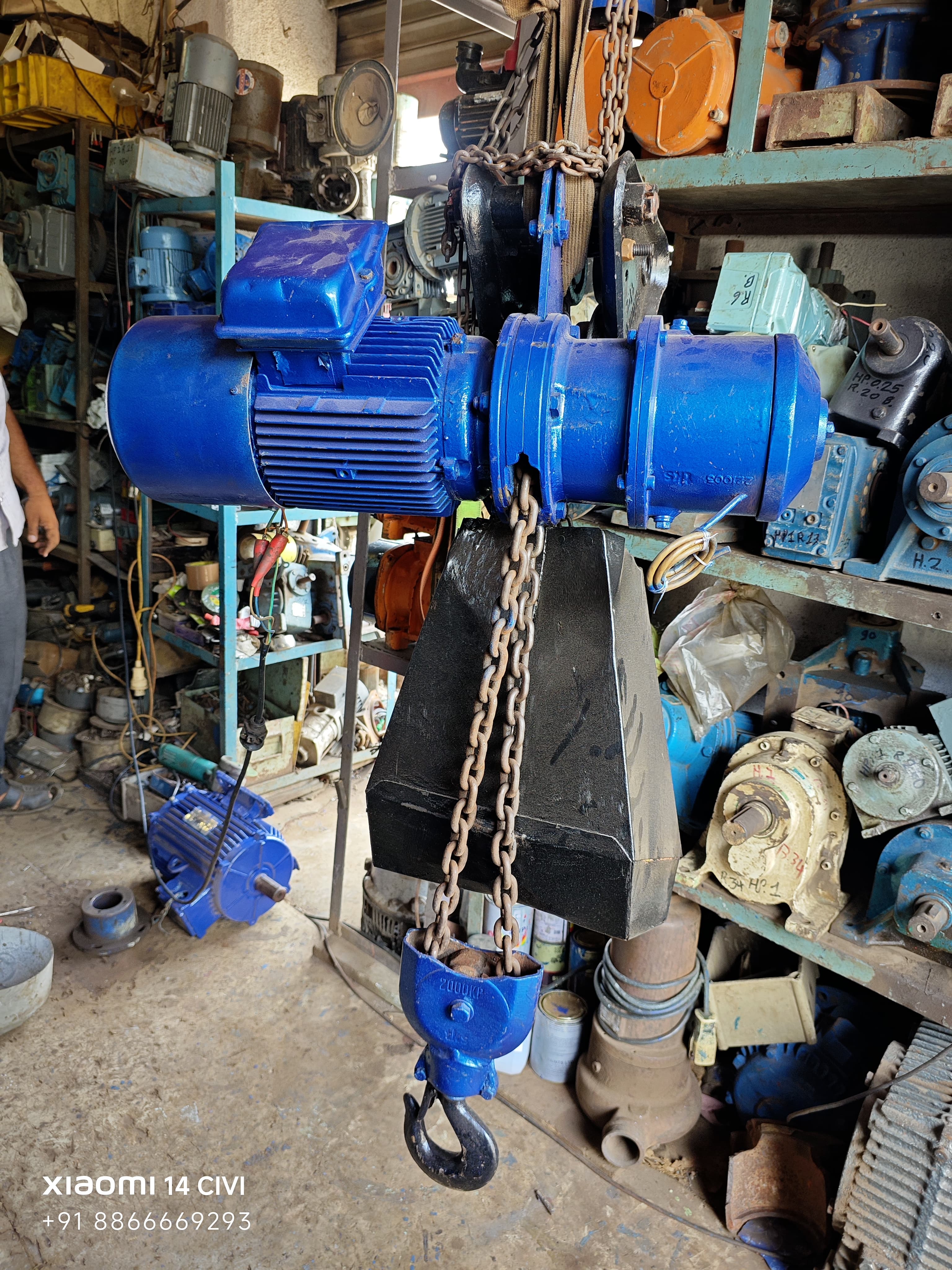 2 ton 3 phase electric chain hoist with manual push trolley and chain bag, refurbished, Standard Machinery