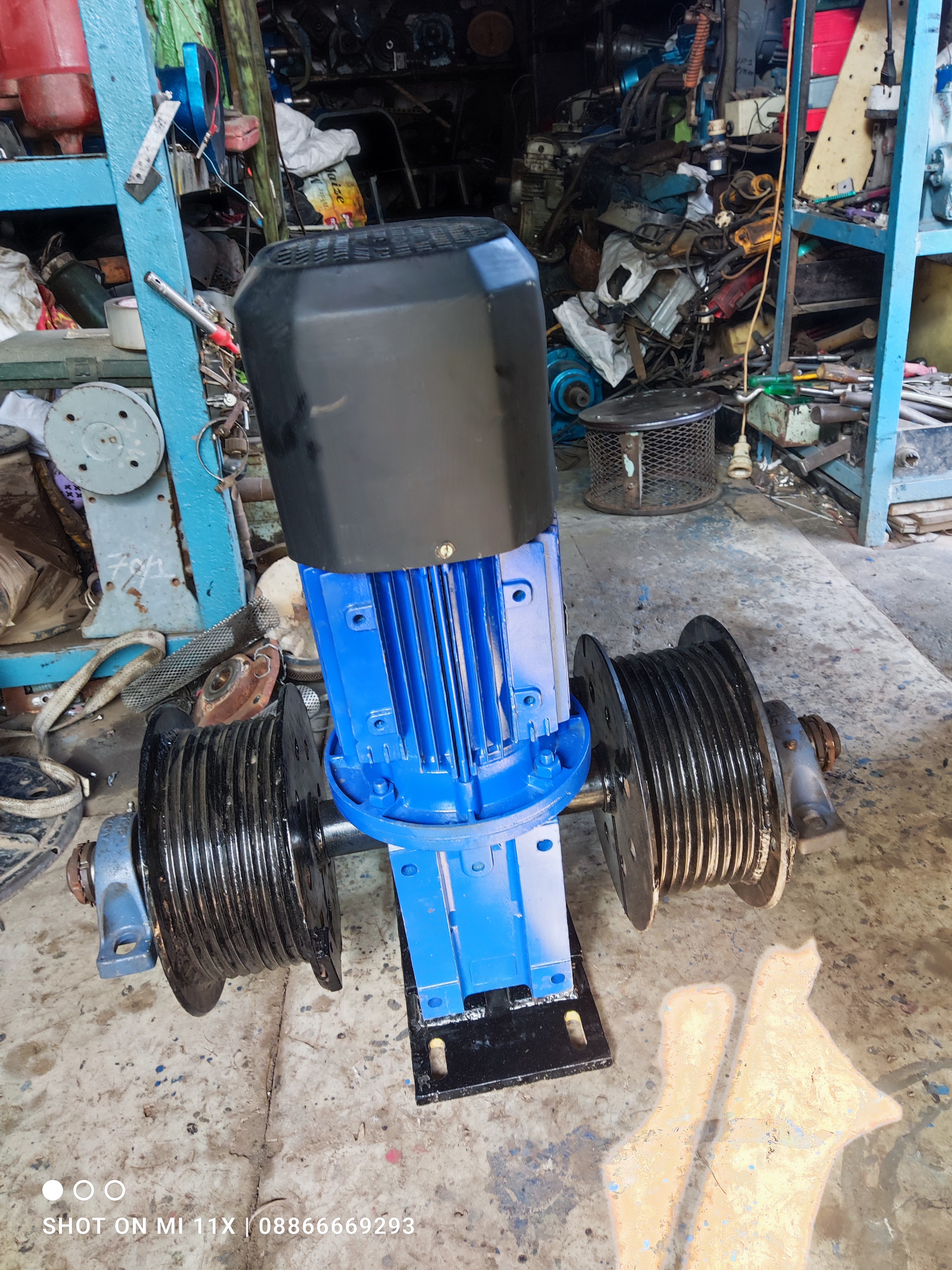 2 HP double drum electric winch with vertical Bonfiglioli brake motor, gearbox and two grooved rope drums, Standard Machinery