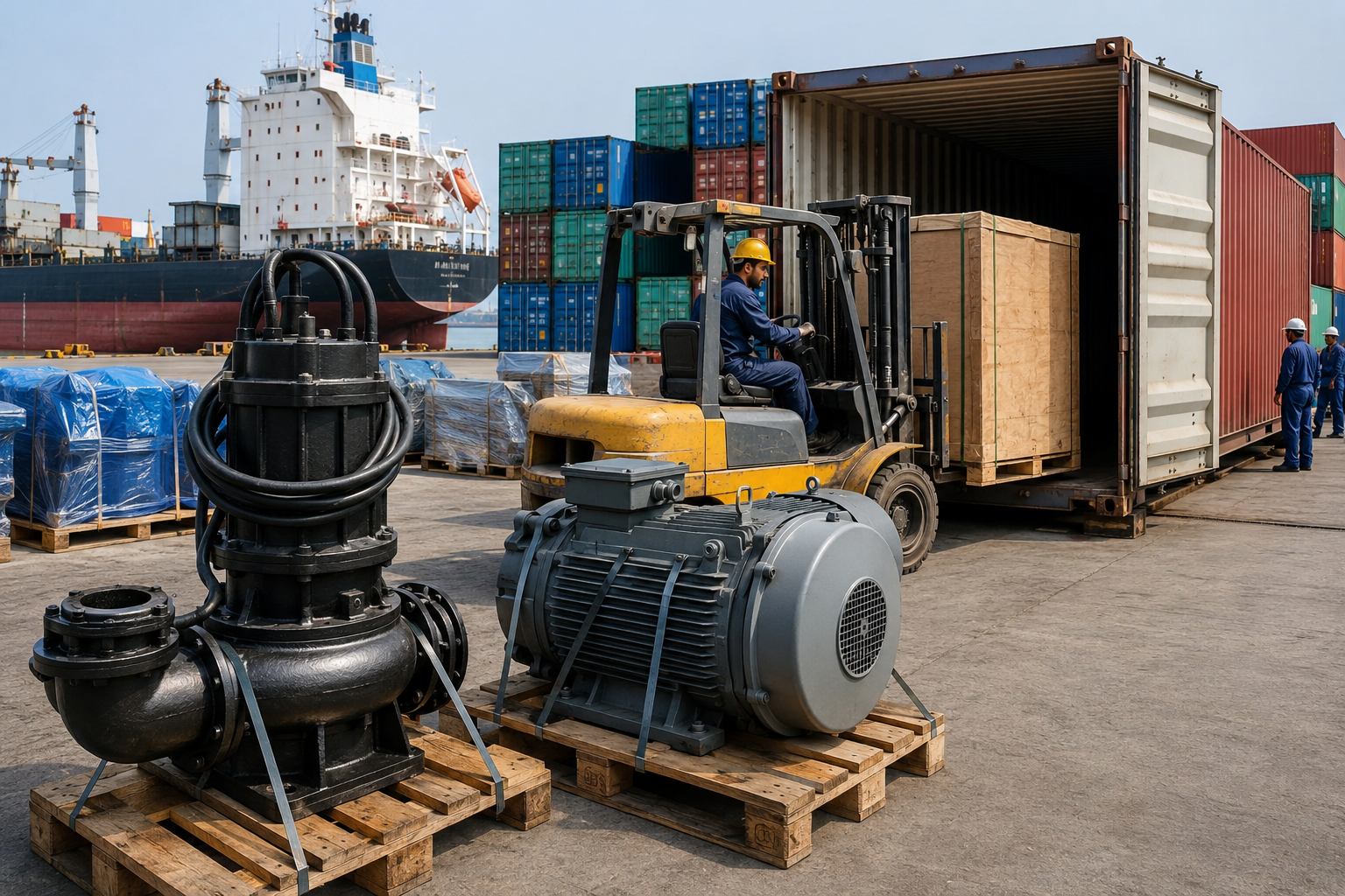 Refurbished industrial machinery being loaded into export container at Gujarat port — Standard Machinery Bhavnagar India